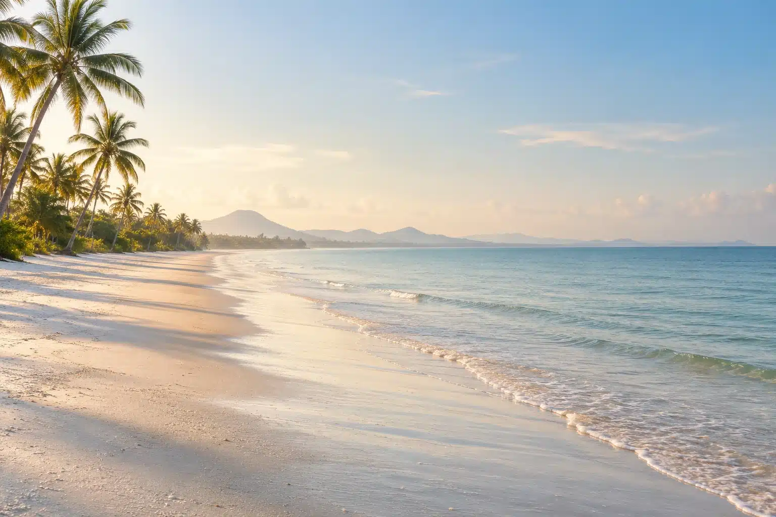 Illustration of a calm beach and coastal palms inspired by Hua Hin, Thailand.