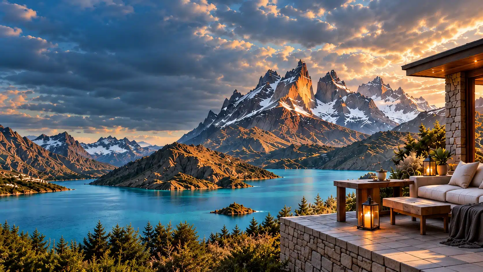 Patagonian mountains and a warmly lit lodge beside a lake — illustrative destination artwork
