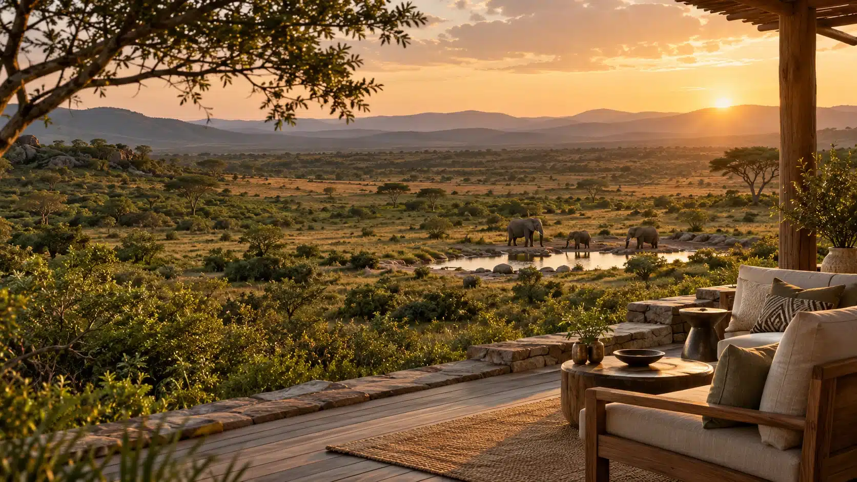 Illustrative safari lodge terrace overlooking elephants at a watering hole in golden evening light.