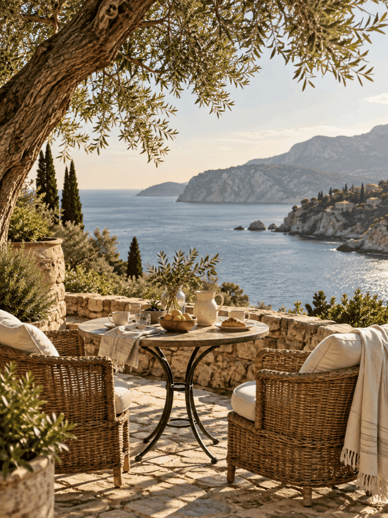 A quiet lakeside table and woven chairs under leafy trees.