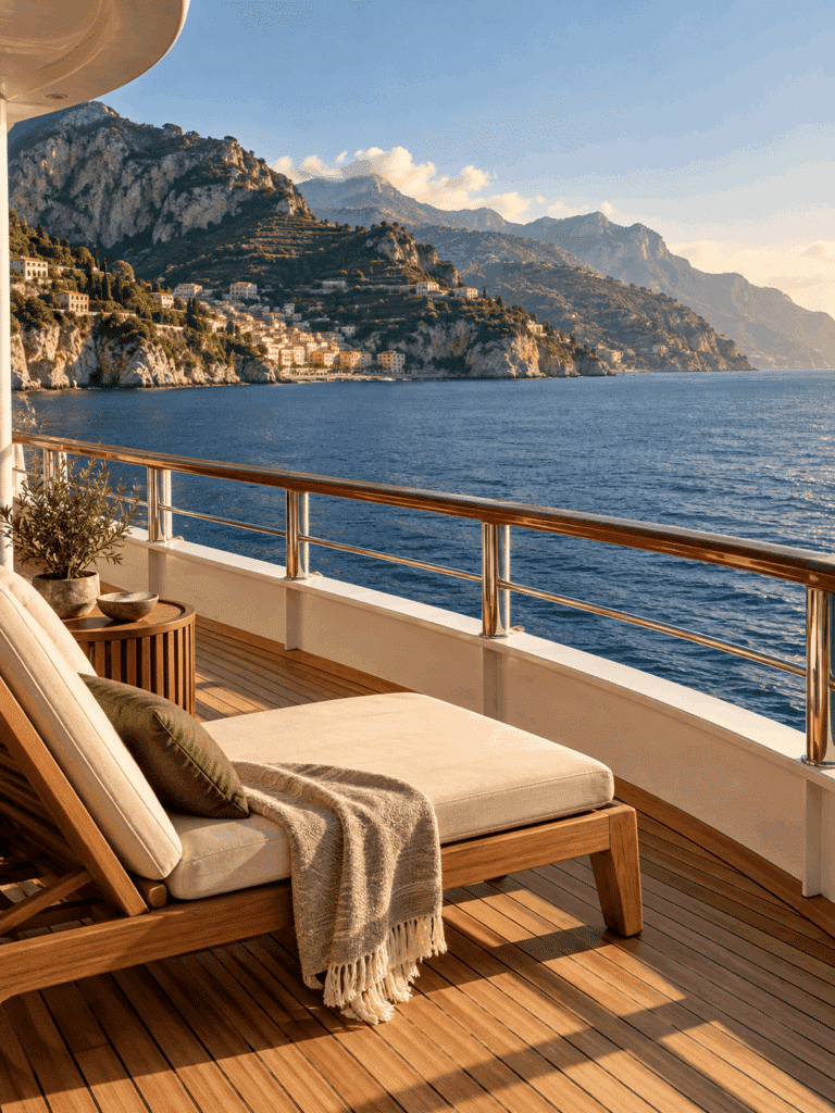 A ship terrace overlooking calm water and a mountain coast.