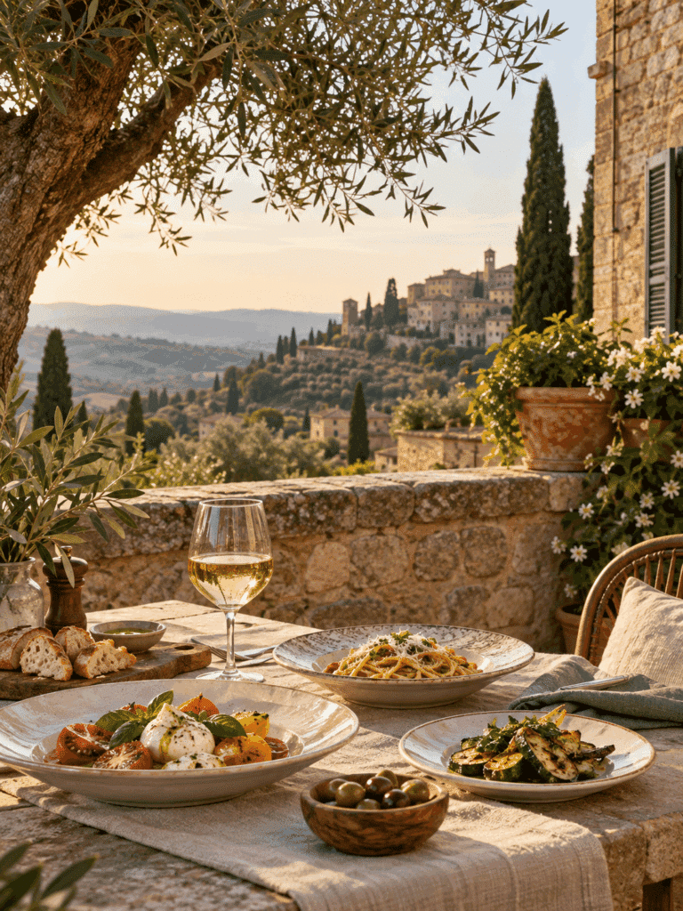 A lunch table overlooking an Italian countryside village.