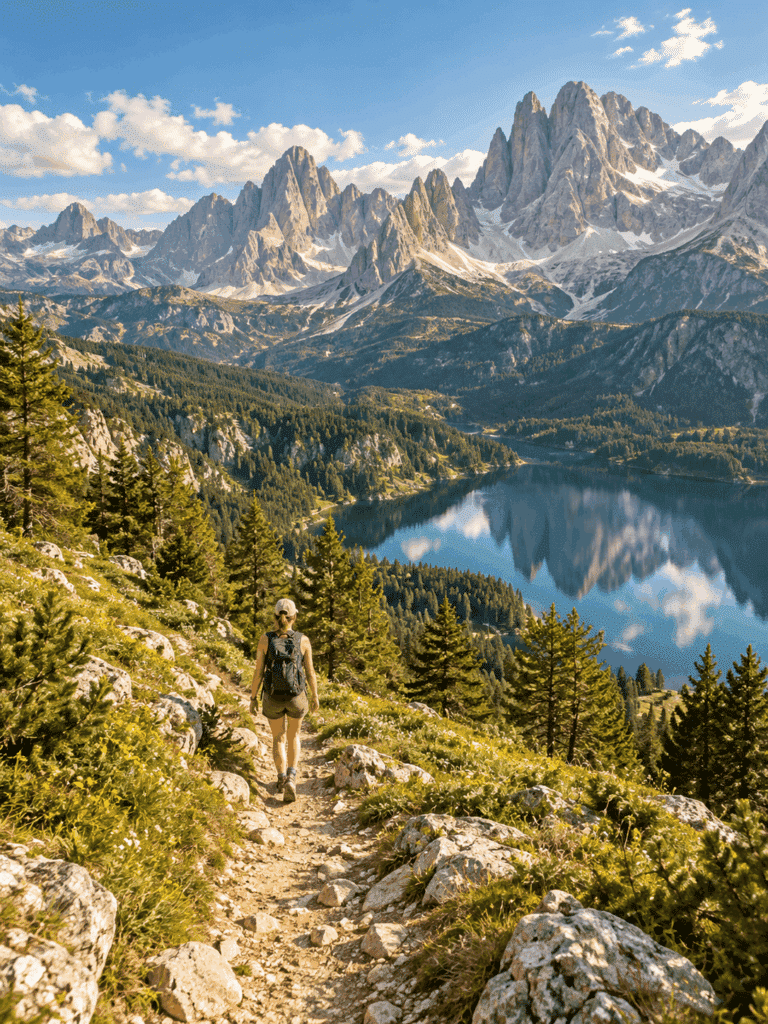An alpine walking path winding toward a mountain lake.