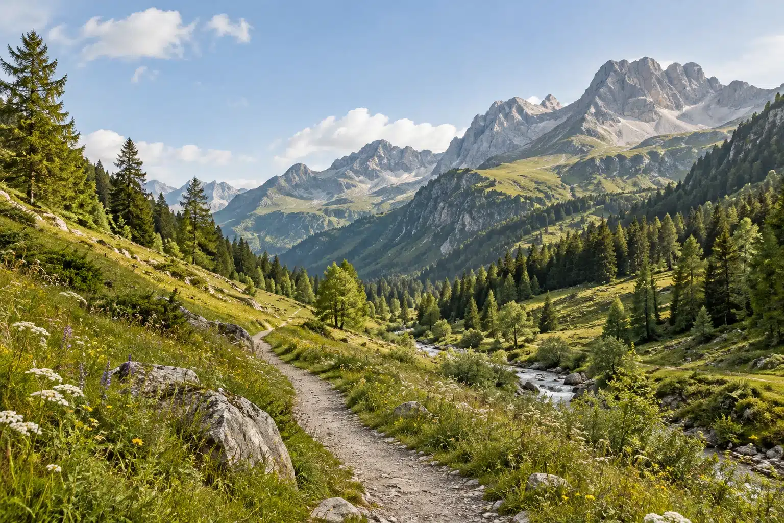 Illustration of a green Swiss Alpine valley and walking path.