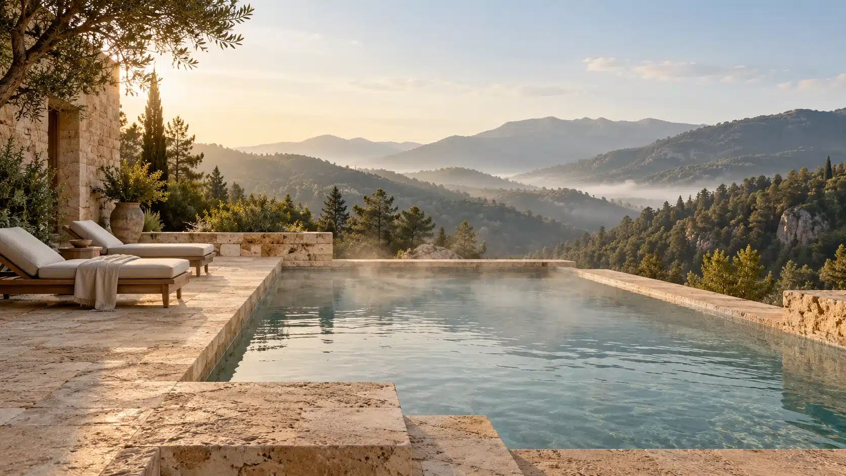 Illustration of a limestone thermal pool and forested mountains; fictional setting.